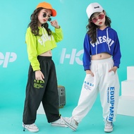 Kids Girl Hip Hop Clothes Set Hooded Tops Blue Casual Crop Tops Long Loose Elastic Pants Black Jogger Pants Street Dance Performance Costume