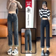 Jeanie House Women's Short Mushroom Straight-Leg Jeans, Tassel Folded Jeans D002, black and blue str