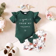 PatPat Baby Girl Clothes Set Ribbed 3pcs Letter Embroidery and Floral Print Short-sleeve Top and Sho