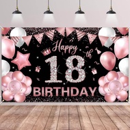 5*3ft 18th Birthday Banner Black Gold Party Decorations rose gold 18th Backdrop Banner Fabric Sign P