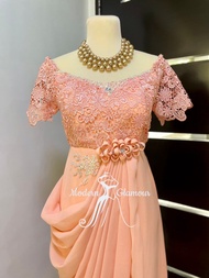 ELEGANT PEACH SWAG DESIGN FORMAL GOWN for WEDDINGS, MOTHER OF THE BRIDE GROOM, NINANG GOWN
