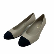 CHANEL 米白拼黑布珍珠高跟鞋＃39.5