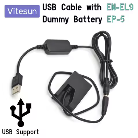 Vitesun Power Bank 5V USB Cable Adapter + EN-EL9 ENEL9 Dummy Battery EP-5 for Nikon D40 D40X D60 D30