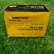 United 16x1 3/8 FV 60mm inner tube. Inner tube 16x1 3/8. Tires in 16 plus. 16 inch inner tube
