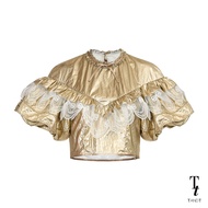 TandT - RINI Top - METALLIC FOIL PUFF SLEEVES LACE TRIMMED CROP TOP  เสื้อคร๊อปตัวสั้นแขนพอง คอผูกโบ