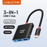 CABLETIME 3 in 1 USB HUB Switch 2 Dock 4K 144Hz HDMI PD100W 5 Gbps Portable TV Docking Station for S