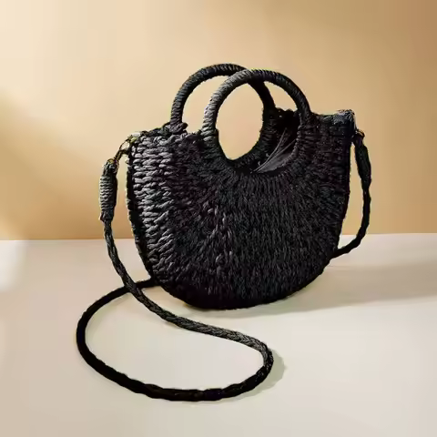 Half-Round Rattan Beach Bag Women Large Capacity Handle Bag Summer Beach Bags Travel Weave Handle Ba