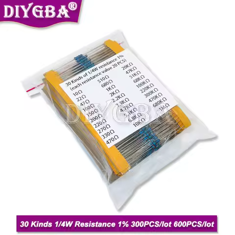 600PCS/Set 30Kinds 1/4W Resistance 1% Metal Film Resistor Pack Assorted Kit 1K 10K 100K 220ohm 1M Re
