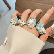 Japanese Holiday Style Ocean Elements Stacking Ring Design Feel Imitation Pearl Conch Starfish Ring 