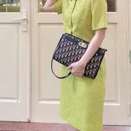 1980年代Christian Dior海軍藍Trotter緹花帆布皮革肩背包