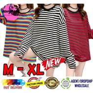 Korean Women Long Sleeve Shirt Baju T-Shirt Perempuan Lengan Panjang Oversized Loose Stripe Fashion Baju Belang Viral