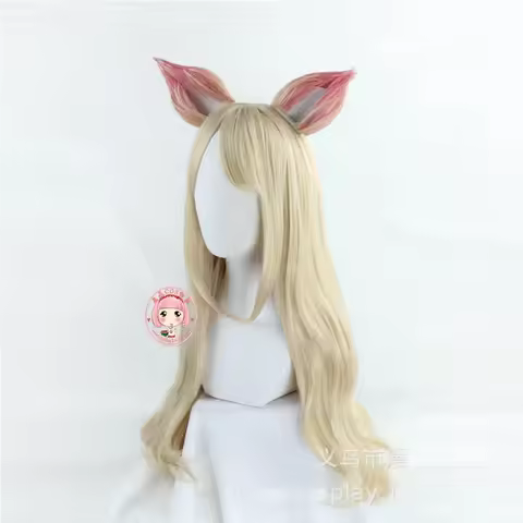 Game Cosplay Wig with ears KDA POP/STAR Ahri Women Long Straight Blonde Hairpiece Hair