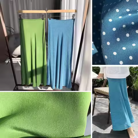 Women 100% Silk Polka Dots/Pure Green Midi Skirt With Elastic Waist