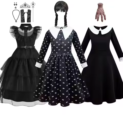 Children Addams Costume Baby Girls Family Cosplay Halloween Costume Kids Family Dancing Black Dress