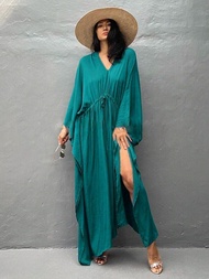 2023 Elegant Solid Kaftan Long Blue Tunic Loose Maxi Dress Women Summer Clothing Beach Wear Swim Sui