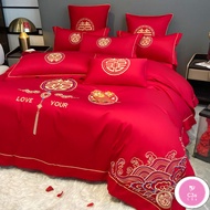 C3S Chinese Wedding Fine Embroidery Bedsheet Set Red color bedsheet fitted sheet set/Flat Sheet Quee