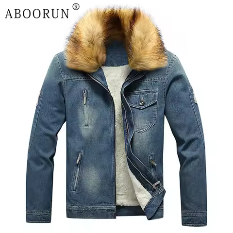 ABOORUN Men Fleece Denim Jackets Thick Fur Collar Ripped Coats Winter Casual Warm Parka for Male
