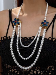 高級法式長款假珍珠項鍊，添加鑽石，女士用，多層設計，輕盈舒適，獨特時尚，靈活百搭，帶有珍珠元素的服飾配件