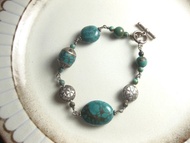 手鍊 時尚設計 綠松石+老松石+銀鑲綠松石+銀