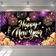 Happy New Year Backdrop Gold Glitter Champagne Glasses Fireworks for New Year Eve Party Indoor Outdo