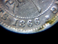 香港銀幣-1866年(大清銅治五年)英屬香港(British Hong Kong)一毫(Silver Cents)銀幣(英女皇維多利亞像,皇冠及文字重叠,錯體)