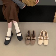 TT Plush Shoes Thick Heel Flat Strap Shoes