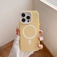 撞色三合一果凍磁吸殼適用iphone16promax手機殼蘋果卡通可愛趣味13pro網紅超火14pro保護套15promax-黃色-白鏡頭框 iPhone 12