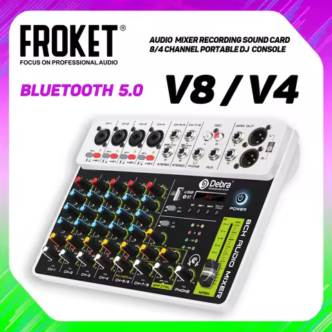 Debra V4/V8 Audio Mixer DJ Controller with Bluetooth USB 48V Phantom Power 4/8Channel Audio Mixer fo