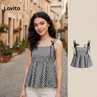 Lovito Women's Plaid Bow Eyelets Casual Tank Top L109MD282