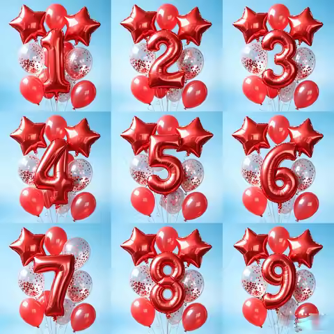 9pcs Number 0-9 Birthday Party Red Balloon Decoration Set Aluminum Foil Balloons Digital Balloon Red