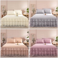 Solid Color Bed Sheet Pure Pink White Princess Style Bedsheet Cover with Skirt Lace Bed Skirt Weddin