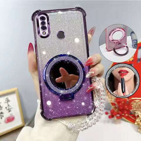 Glitter Four-Corner Shockproof Phone Case with Mirror Stand Beaded Strap For Oppo A31 A 31 4G 2020 A