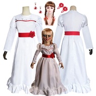 เครื่องแต่งกายวันฮาโลวีนสำหรับเครื่องแต่งกายวันฮาโลวีนชุดฮัลโลวีนเด็กผู้หญิงสำหรับเด็กเด็กผู้ชายเครื่องแต่งกายวันฮาโลวีนสำหรับเด็กผู้หญิงชุด Annabelle ตุ๊กตาผีคอสเพลย์สีขาวกระโปรงชุดเจ้าหญิงยาวเด็กผู้หญิงผมชุดเครื่องแบบเด็ก