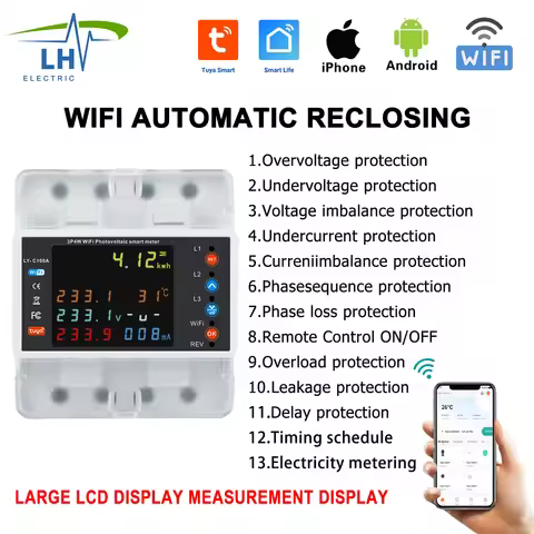 Tuya WiFi 4P 100A Three Phase Energy Meter Bi-Directional Auto-Reclosing Relay for Smart Life