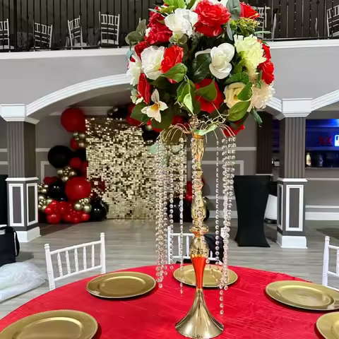 10pcs)Metal Wedding Flower Trumpet Vase with Crystal Bead Table Decorative Centerpiece Height Artifi