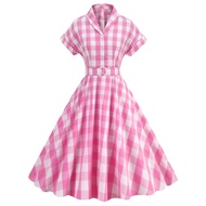 Hepburn Style 50s Retro Dress Pink Plaid Bow Tie Dress