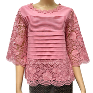 เสื้อลินินคอปาดแต่งลูกไม้คอตตอนนิ่ม อก 38" 40" 42" 44" 46" 48" 50" อินกะออย สีไวน์แดง/ส้ม/บานเย็น/กล