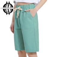 OMW 9XL Casual Women Cotton Elastic Waist Knee Length Bermuda Shorts w/ Drawstring Plus Size Shorts