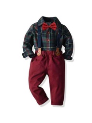 男小童蘇格蘭格紋前蝴蝶結襯衫和背帶褲