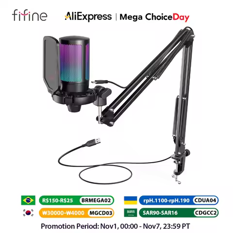 FIFINE USB Gaming Microphone Kit for PC,PS4/5 Condenser Cardioid Mic Set with Mute Button/RGB /Arm S