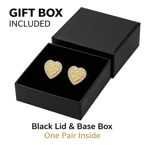 CZ Heart Earrings 14k Gold Plated Nugget Studs Hip Hop Jewelry Rough Textured Women Men Unisex USA C