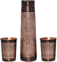 HealthGoodsIn Pure Copper Water Bottle with 2 Tumblers Set, Beautiful Floral Pattern Light House Shape For Ayurveda Health Benefits