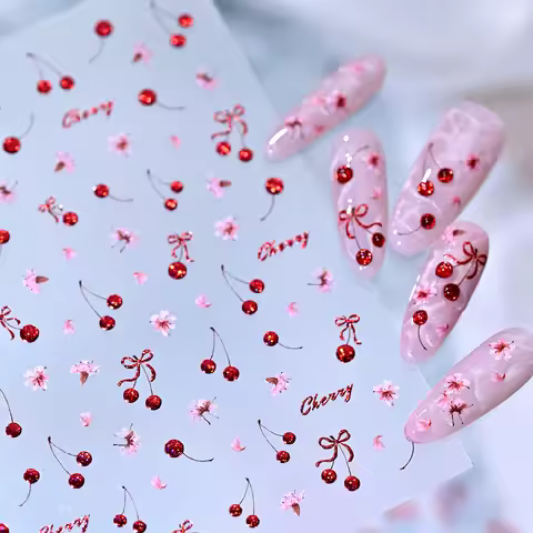 5D Shiny Red Rhinestones Cherry Nail Stickers Cute Pink Flower Cherry Nail Decals Self-Adhesive Fren
