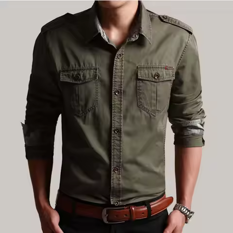 New Cotton Military Shirt with Epaulette Men Long Sleeve Breathable Casual Shirts Man Solid Shirt Sl