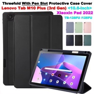 For Lenovo Xiaoxin Pad 2022 10.6 inch TB-128FU Tab M10 Plus (3rd Gen) 10.61" TB-125FU Casing Fashion Solid Colors Flip Stand Tablet Cover Three Fold Pen Slot Soft TPU Protective Case