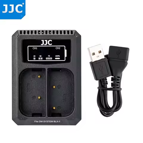 JJC USB Dual Camera Battery Charger for Olympus OM System OM-1 Camera with 40-cm-long Extension Cabl
