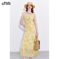 ชุดเดชุดเดรสลายดอกไม้สีเหลืองคอวีมีระบายสำหรับผู้หญิงลายวันหยุด Y2K สินค้าเข้าใหม่ฤดูใบไม้ผลิ2025