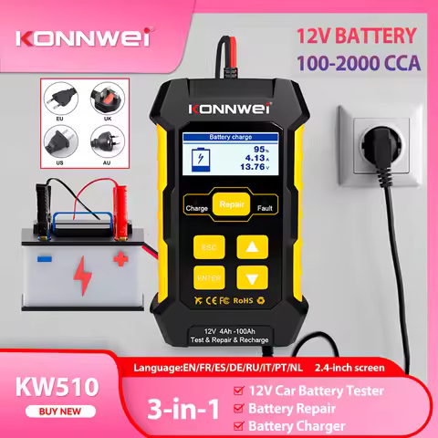 2026 KONNWEI KW510 12V Car Battery Tester Full Automatic Pulse Repair Battery Chargers Wet Dry AGM G