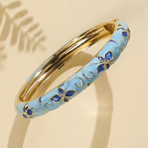 FTCY Flower Pattern Enamel Cloisonne Bracelet For Women Retro Gold Color Plated Bangles for Girls Wo