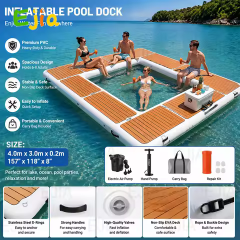Stock Inflatable Swim Dock Platform 13x10FT - Floating Dock With EVA Non-Slip Surface Platform Dock 